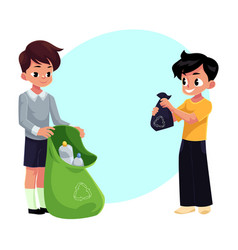 Kids boys collect plastic bottles into garbage Vector Image