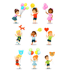 Cheerful kids holding balloons different colors Vector Image