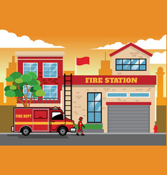 A fireman with a fire truck in a fire station Vector Image