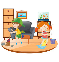 Boy and girl cleaning living room Royalty Free Vector Image