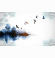 ink painting landscape with flock of birds flying vector image