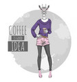 retro hipster fashion animal giraffe with coffee vector image
