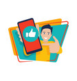 happy man holding phone with thumbs up like icon vector image vector image