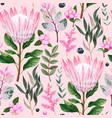 seamless pattern with protea and greenery vector image