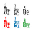 bottles and glasses sketches vector image