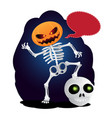 happy cartoon skeleton with pumpkin instead vector image vector image