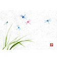 dragonflies flying over the grass on rice paper vector image vector image