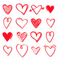 set red hand drawn hearts on white background vector image