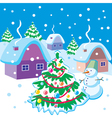 landscape with snowman and christmas tree vector image