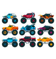 monster trucks set bright colorful cartoon auto vector image