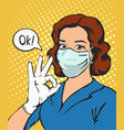 woman with medical mask and gloves okay gesture vector image vector image