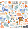 seamless pattern with cute dogs and florals vector image