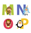 english alphabet with kids in animal costume m-p vector image vector image