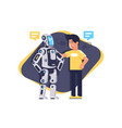 flat young man talking to robot with speech bubble vector image