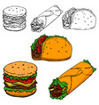 burrito taco hot-dog hand drawn isolated on white vector image