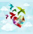 colorful origami birds with heart background vector image