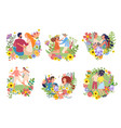 boy girl on flowered frame on gently hug sit vector image vector image