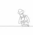 single continuous line drawing young female chef vector image