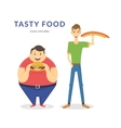 happy fat and thin men eating a big food vector image