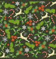 christmas pattern branches of holly and fir deer vector image