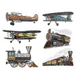 set of passenger train and airplanes corncob vector image vector image