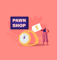 tiny female character near huge gold watch in pawn vector image vector image