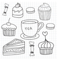 set of hand drawn cakes sweets tea cup vector image