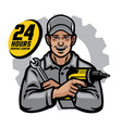 repair worker smiling holding the wrench and drill vector image