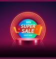 cylinder podium with red round neon sale banner vector image