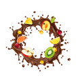 realistic chocolate milk wave splash with fruits vector image