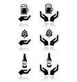beer bottle and glass hops with hands icons set vector image vector image