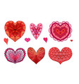 set of red and pink doodle hearts decorated boho vector image
