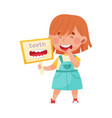 cheerful girl character holding flashcard vector image