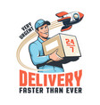 delivery service retro logo with courier holding vector image