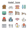 hostel color line icon set vector image