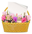 basket with tulips and cosmetics vector image vector image