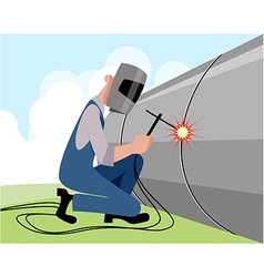 Welder in mask with a welding machine in hand Vector Image