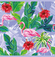pink flamingo leaves seamless blue background vector image