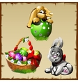 easter bunnies and large basket with colorful eggs vector image