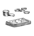 coins and stacks of dollar bills sketches vector image vector image