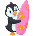 penguin holding surfing board vector image