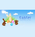 3d easter podium eggs and chocolate rabbits vector image