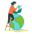 woman watering plant on planet with water can vector image vector image