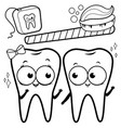 cartoon teeth with toothbrush and dental floss vector image