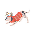 christmas dog in red pattern sweater and deer vector image