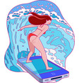 beautiful woman riding big waves on mobile phone vector image vector image