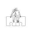 happy couple sitting on connected puzzles vector image vector image