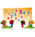 Four kids catching numbers in classroom Royalty Free Vector