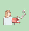woman standing outdoor with smile looks at letters vector image
