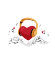 big red heart in yellow headphone music notes vector image